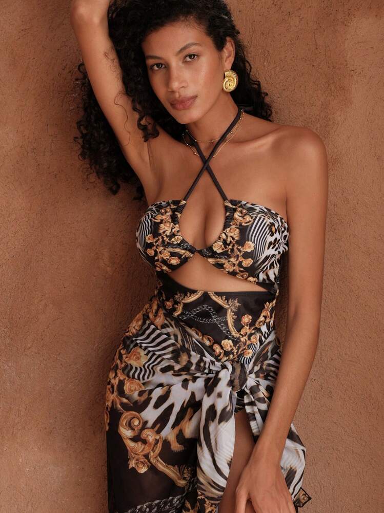 Swim Oasis Springbreak Summer Vacation Retro Printed Criss-Cross Adjustable Straps One-Piece Swimsuit & Long Tie Front Vintage High-Low Hem Beach Skirt 2 Pieces Boho Festival Set - Multicolor - View 6