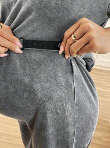 SHEIN Casual Round Neck Short Sleeve Straight Leg Pants Maternity Set, Distressed Washed Relaxed Fit - Dark Grey - View 5