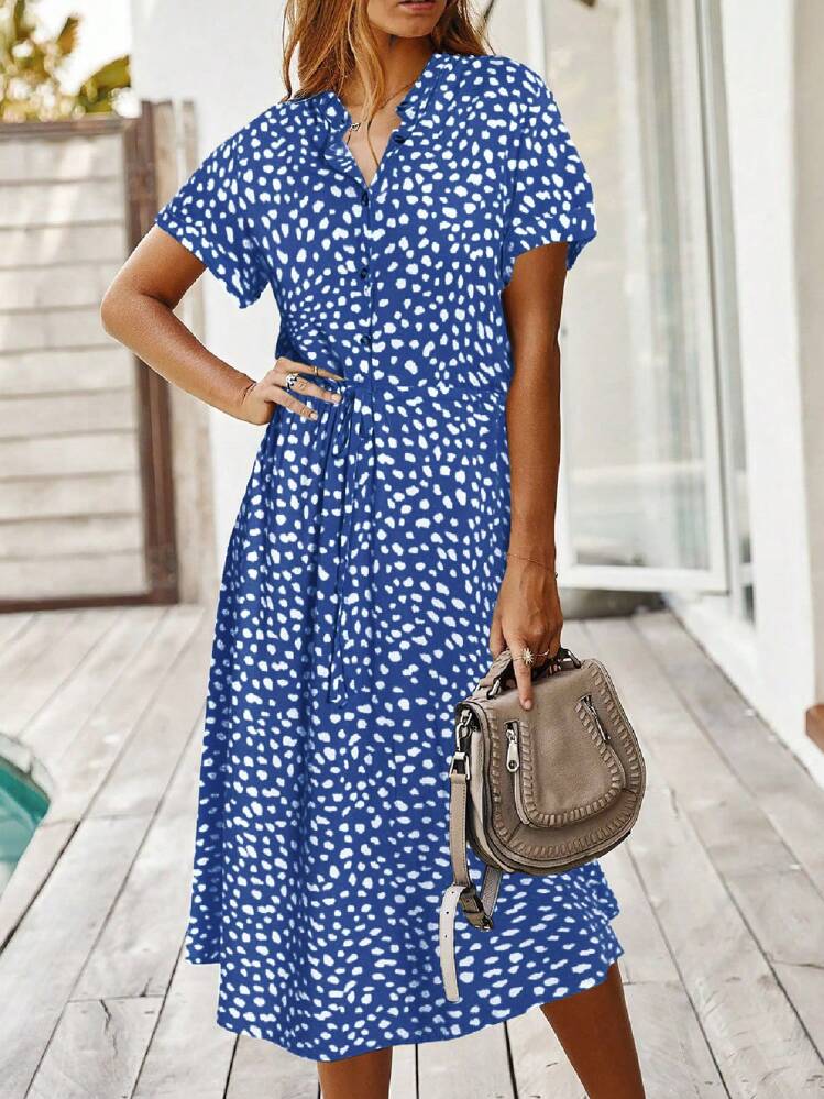 EMERY ROSE Vestido largo de línea A con estampado dálmata y cintura con cordón, vestimenta vacacional para la playa para mujeres - Azul - Añade 4