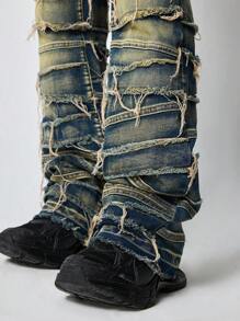 ROMWE MEN Grunge Punk Men's Grunge Button Front Pocket Frayed Edge Patchwork Casual Jeans