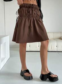 SHEIN Essnce Falda minimalista de moda casual de color liso para mujer - Café integral - Ver 5