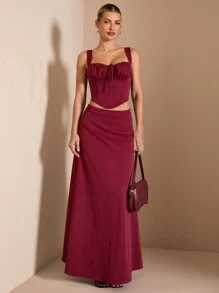 SHEIN BAE 2pcs Set Women's Burgundy Summer Elegant Party Outfit:Ruched Strap Back Tie Waist Camisole & Maxi A-Line Skirt,Suitable For Early Spring Vacation - Burgundy - View 3