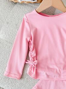 SHEIN Baby Girl Casual Floral Grey Crew Neck Ruched Long Sleeve Fitted Knit Top And Flare Pants Set, Suitable For Home Or Outdoor Wear - Pink - View 3