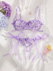 Esselle 2 Pieces Women Embroidery Floral Strap Lingerie Set - Purple - View 6