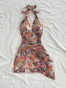 Soleia 动物印花 & 花卉 V 领紧身连衣裙 - 卡其色 - 查看 3