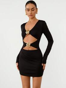 Aveloria Modichic Robe moulante tricotée mini avec décoration métallique de papillon creuse, manches longues, design épousant les courbes pour femmes - Noir - Voir 6
