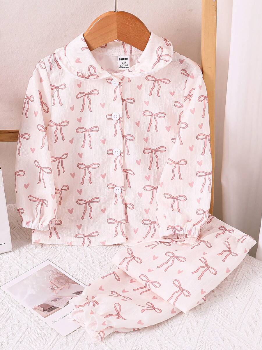 2 bucăți ținută comodă casual pentru fetiță, bază albă cu fundă roz, top și pantaloni cu mânecă lungă, set de îmbrăcăminte pentru casă - Multicolor - Vizualizare 1