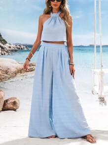 Vivid Eden 2pcs Women's Set: Solid Off Shoulder Crop Top & High Waist Loose Pants, Summer Clothes, Valentine's Day, Vacation Outfits Woman, Beach Outfits For Woman, Festival, Romantic, Bohemian, BOHO, Sweet, Rave Outfits Festival, Tropical Vacation Woman Clothes - Baby Blue - View 5