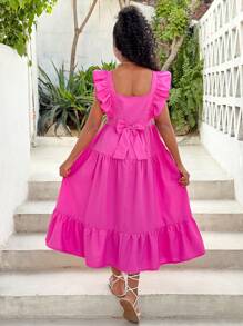 SHEIN Leap Crew SLAYR KIDS Tween Girl Vacation Casual Plain Color Woven Ruffle Sleeve Square Neck Dress - Hot Pink - View 1