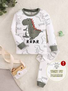 2pcs Baby Boy Snug Fit Cartoon Dinosaur Print Color Block Crew Neck Long Sleeve Knitted Pajama Set