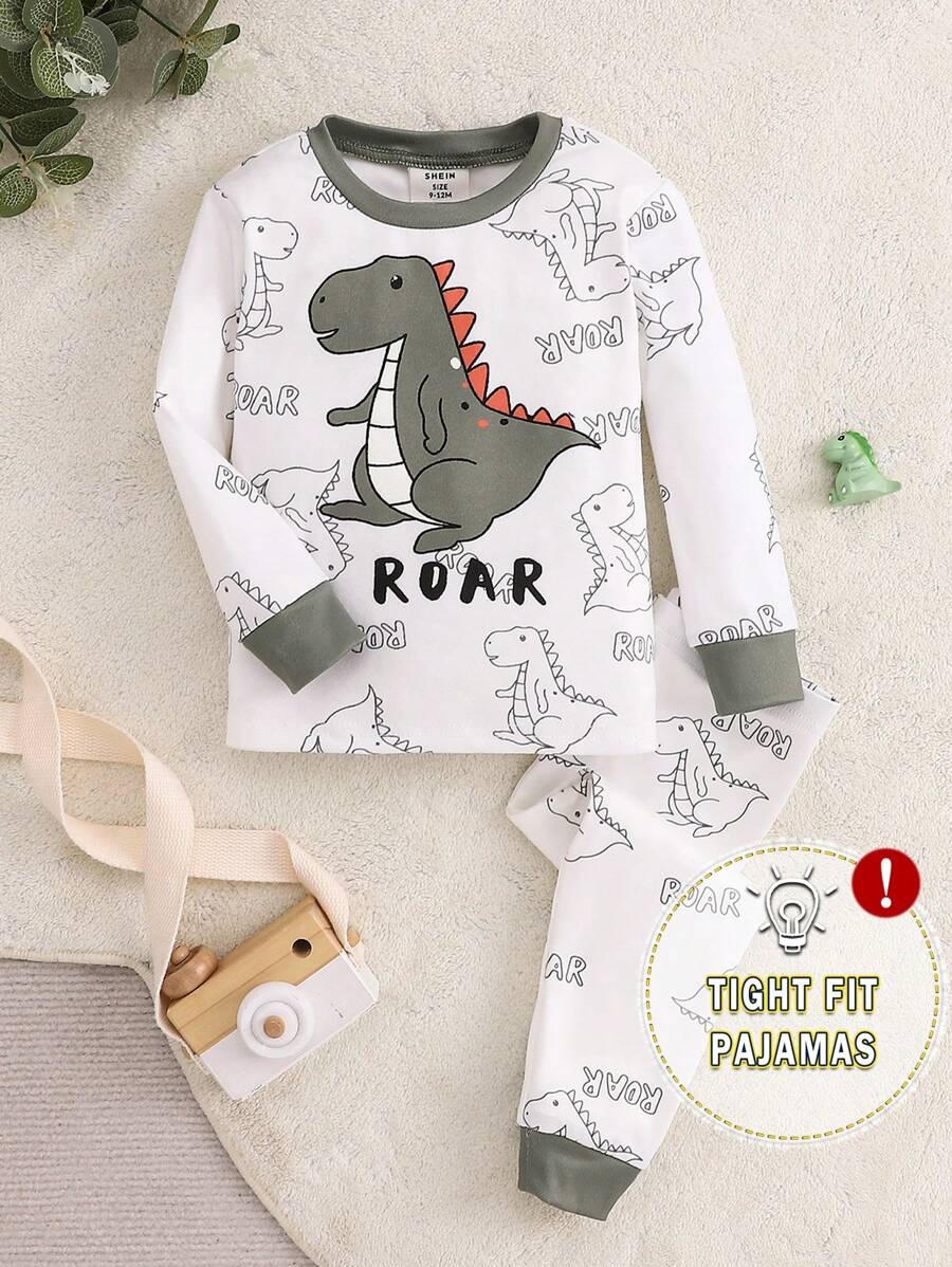 2pcs Baby Boy Snug Fit Cartoon Dinosaur Print Color Block Crew Neck Long Sleeve Knitted Pajama Set