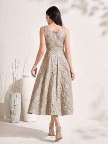 Modelyn Floral Zip Back Square Neck Dress Maxi Women Outfit - Khaki - View 2