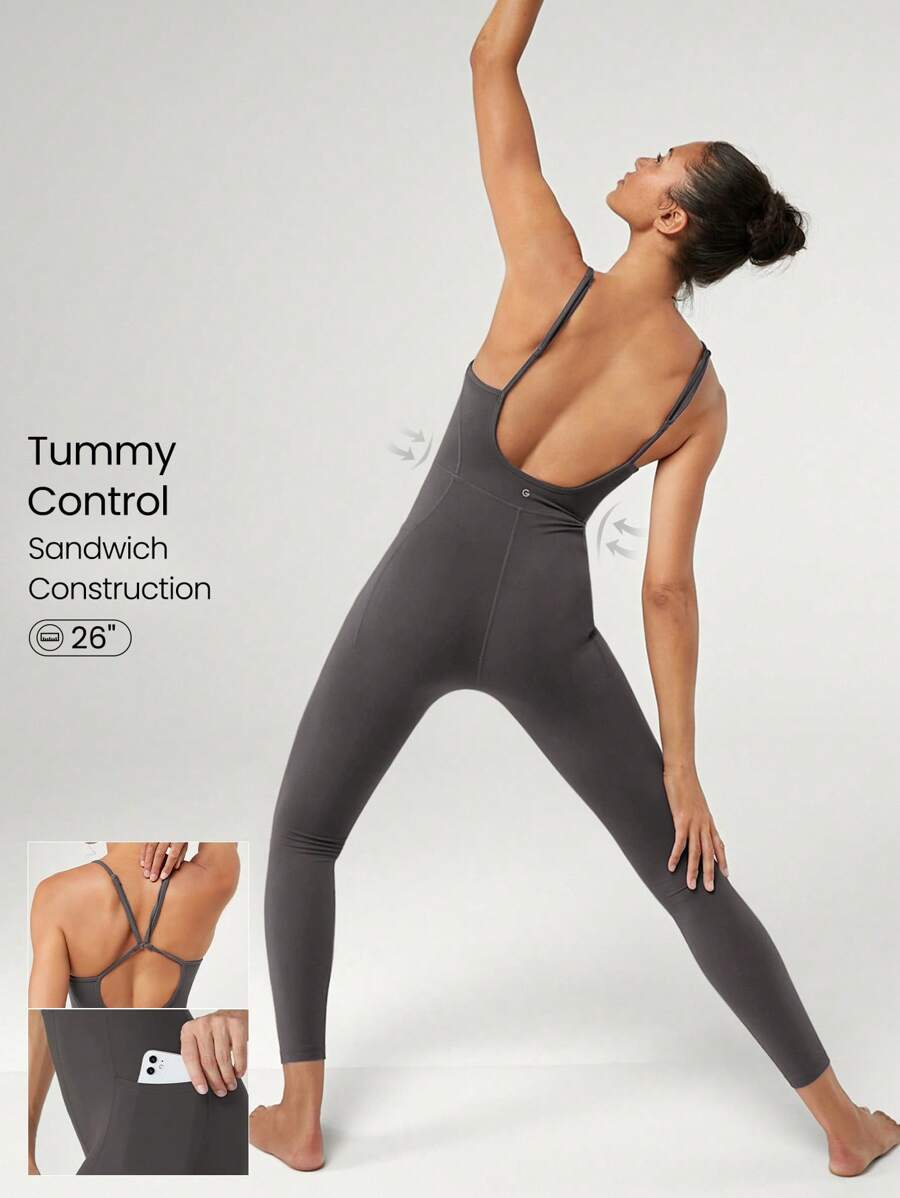 GLOWMODE 26 英寸 FeatherFit™ U 型背部收腹口袋可调节连身衣紧身衣轻度支撑低冲击瑜伽工作室夏季 - 深灰色 - 查看 1