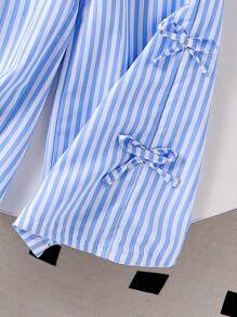 SHEIN 年轻女孩针织吊带背心条纹拼布连体裤，收腰宽松直筒裤，休闲夏日度假装 - 藍色 - 查看 3