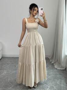 Elenzga Vestido elegante de dama con volantes en el frente, plisado y de unicolor - Albaricoque - Ver 1