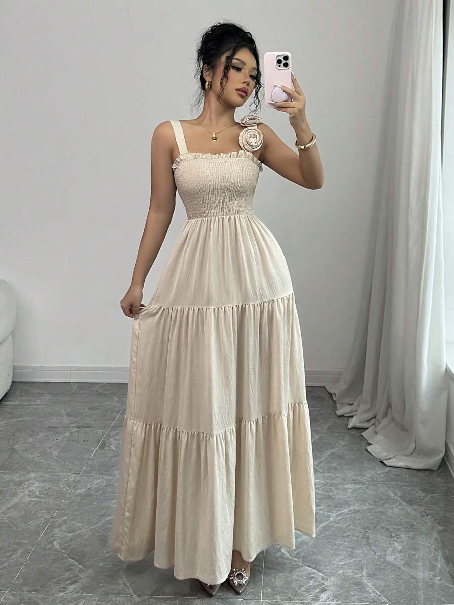 Elenzga Vestido elegante de dama con volantes en el frente, plisado y de unicolor - Albaricoque - Ver 1