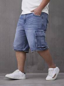 Manfinity Homme Plus Size Men's Cargo Pocket Wide Leg Casual Denim Shorts - Medium Wash - View 1