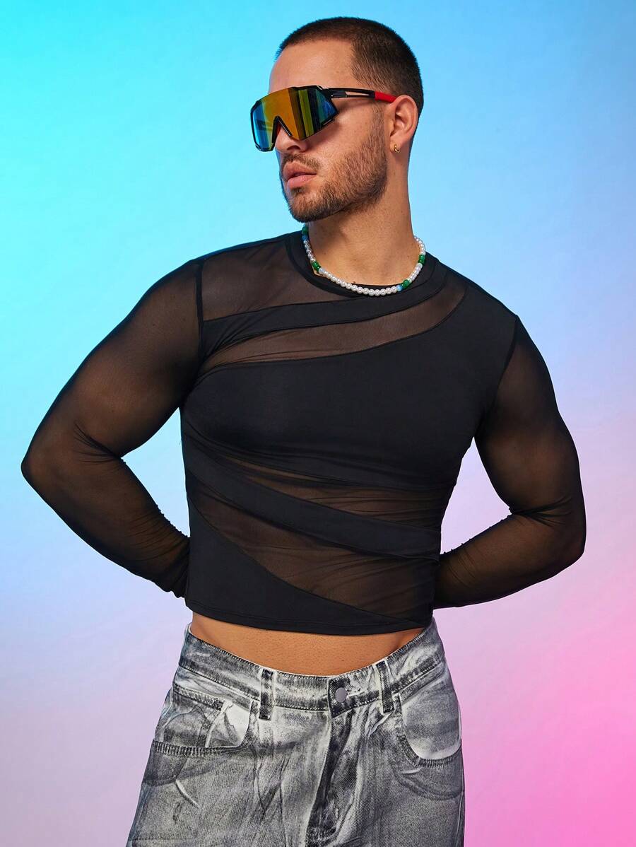 FeverCity 男士纯色网眼拼布长袖修身T恤，夏季，秋季 - 黑色 - 查看 1