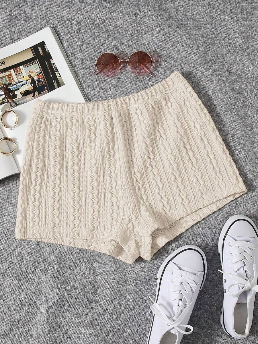 SHEIN EZwear 夏季服装 弹性腰部纯色纹理短裤 - 杏色 - 查看 1