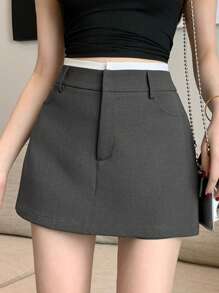 DAZY 女士撞色腰带直筒紧身迷你裙 - 灰色 - 查看 5