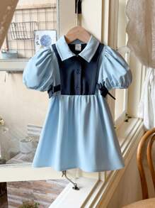 SHEIN LMoss Kids LMoss Bebeluş Fetiţă Bebeluş Fetiţă Rochie de vară cu mâneci prinţesă cu mâneci scurte cu guler răsturnat, potrivită pentru adunări în aer liber, vacanţe şi alte ocazii