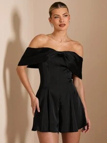 SHEIN BAE Women's Elegant Off Shoulder Bowknot Neckline Wide Leg Jumpsuit, Suitable For Vacation Party, Romantic Dates, Girlfriends Gathering - Black - View 4