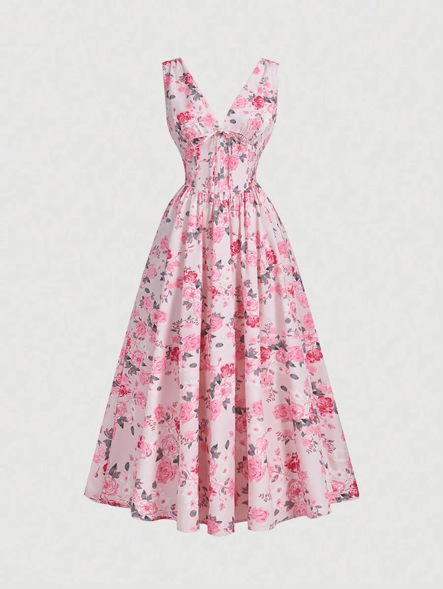 SHEIN MOD Váy hồng in hoa cổ chữ V thắt nơ eo xòe, mùa xuân, lễ hội, đêm hẹn hò, kỳ nghỉ nhiệt đới, thanh lịch, kỳ nghỉ, trang phục hoa cho phụ nữ - Hồng - Xem 1
