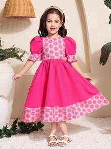 SHEIN Young Girl Print Patchwork Blouson Sleeve Round Neck Dress, Easter - Pink - View 4