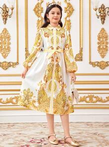 SHEIN Tween 女童融合休闲优雅宫廷风图案翻领长袖连衣裙