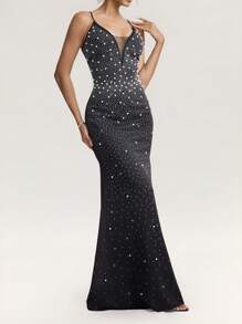 SHEIN Belle Vestido largo elegante de mujer con tirantes de espagueti adornados con strass y perlas falsas, vestido de invitada de boda, vestido de fiesta, vestido de noche, vestido de gala, color negro - Negro - Ver 1