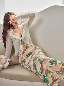 Modelyn Set de 2 piezas: Top de manga larga con volantes de unicolor y vestido de tirantes con estampado floral para mujeres