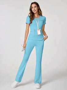 TaskEZ Solid Color Short Sleeve Pocket Simple Top And Pants Scrub Uniform Set - Baby Blue - View 5