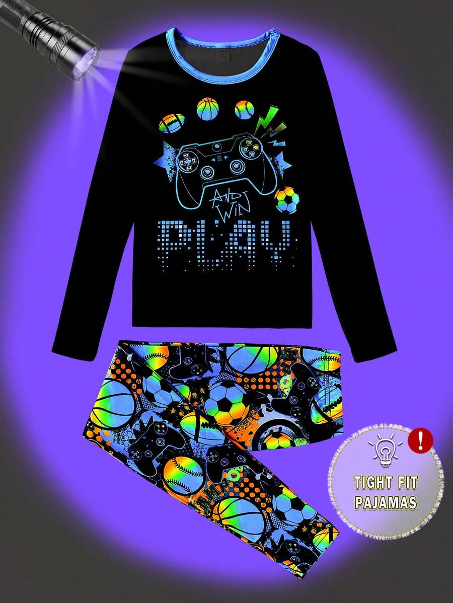 Tween Boy 2 件套图案紧身服装 - 足球印花裤和长袖上衣，配有游戏机图案 - 彩色 - 查看 1