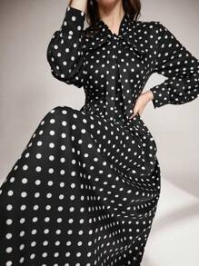 Modelyn 女士优雅圆点印花编织 V 领蝴蝶结腰部修身长裙