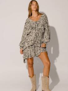 Aralina 休闲秋冬花卉 Y2K 褶边分层飘逸廓形波西米亚风格长袖迷你连衣裙早午餐教堂装 - 深灰色 - 查看 10