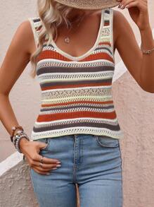SHEIN LUNE Women's Hollow-Back Twist Design Striped Knit Sleeveless Top,   Breathable Western Wear Women Boho Summer Outfits For Women Vacation Outfits Woman Tube Top Backless - Multicolor - View 5