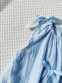 Souflis Souflis Abito azzurro acqua elegante e casual da ragazza, 0-3 anni, in chiffon super morbido, senza maniche, con fiocco - Blu - Visualizzare 8