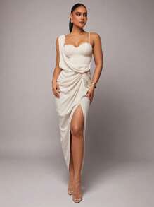 Silquee Romantic Valentine's Day & Date Night Apricot Linen Asymmetric Plunging Neckline Dress With High Slit, Adjustable Spaghetti Strap, Suitable For Parties, Weddings, Dances, Daily Wear, Vacation - Beige - View 7