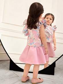 SHEIN Baby Girl 2pcs Set Fitted Cute Round Neck Ruffle Cap Sleeve Shirt And Mini Skirt - Pink - View 3