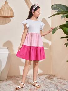 SHEIN Tween Girls Solid Knit Ruched Peplum Bow Back Casual Vacation A-Line Dress, Princess Dress, Suitable For Spring Outing, Graduation Party, Birthday Gathering, Valentine's Day, Flower Girl Dress - Multicolor - View 4