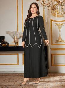 Modelyn Plus Size Women Elegant Round Neck Long Sleeve Pearl Decorated Dress - Black - View 6