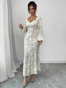 Modelyn Robe longue décontractée à manches longues et encolure en forme de cœur imprimée pour femmes - Bleu azur - Voir 5