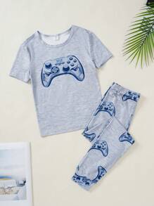 2pcs/Set Tween Boy Grey Game Console Print Tight Fitting Short Sleeve Top And Long Pants Pajama Set - Grey - View 1