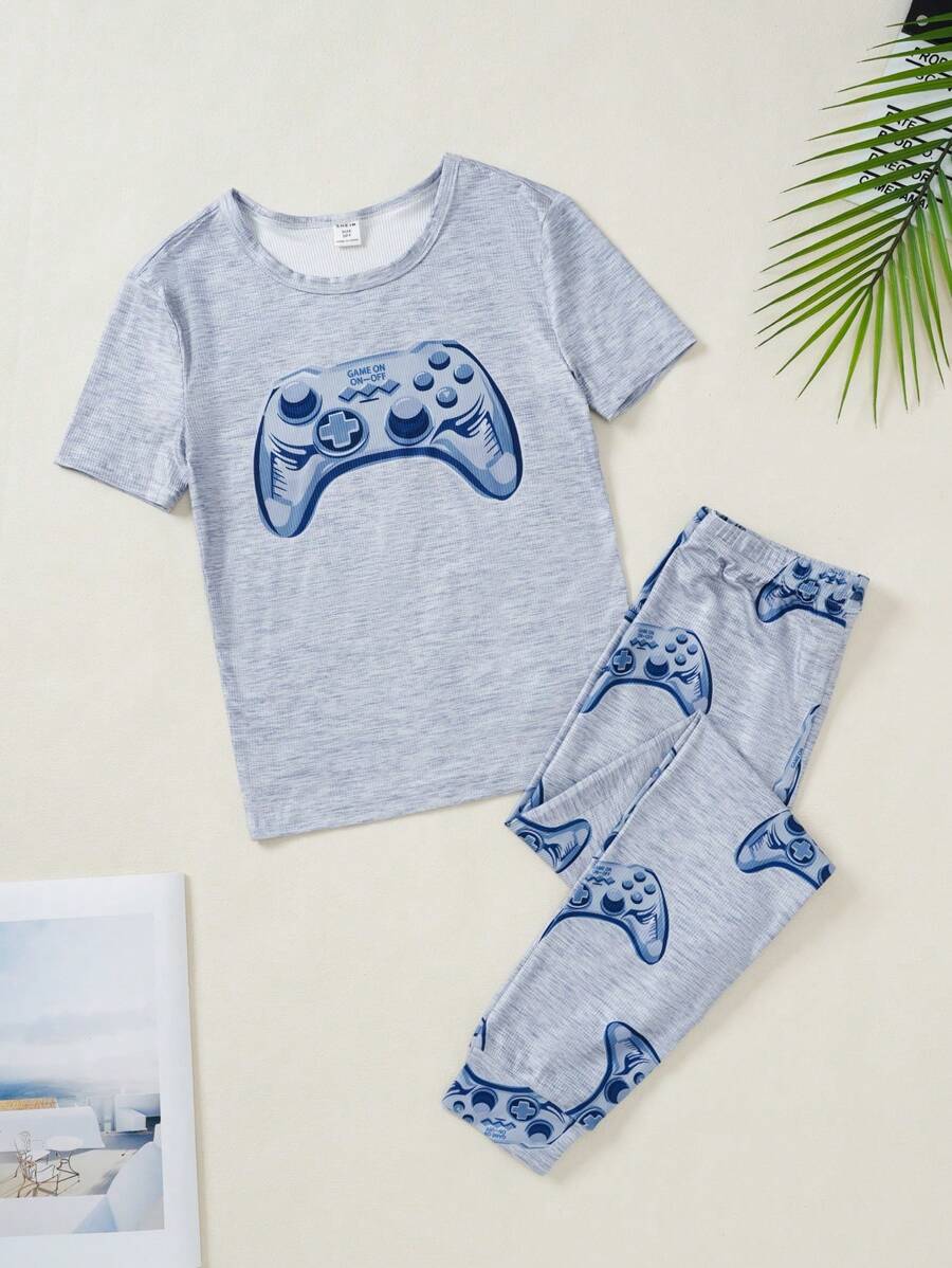 2pcs/Set Tween Boy Grey Game Console Print Tight Fitting Short Sleeve Top And Long Pants Pajama Set - Grey - View 1