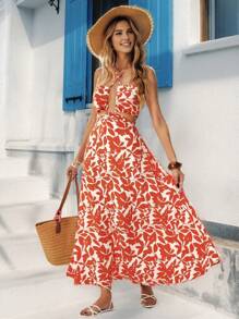 Vivid Eden Robe mi-longue élégante à col croisé ajouré avec imprimé plante tropicale, pour les vacances, robe d'été pour femme, tenues de plage pour femme, tenues de vacances à la plage - Orange - Voir 2