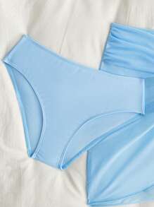 SHEIN Tween Girls Bikini - Fashionable & Elegant Blue Swimsuit Set. Features Soft Knitted Fabric, Fully Lined Bikini Top With Lace Trim, And A Matching Wrap Skirt. A Stylish, Casual, And Exquisitely Detailed Three-Piece Design. Perfect For Swimming, Summer Vacations, Beach Trips, Pool Parties, And Holiday Getaways. - Baby Blue - View 5