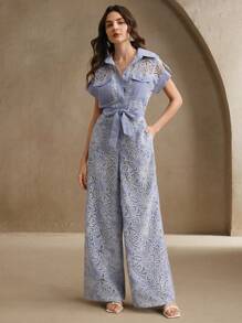 Anewsta 女士优雅度假蓝色蕾丝镂空腰带口袋直筒连体裤适合节日、外出、度假 - 藍色 - 查看 5