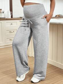 SHEIN 孕妇可调节腰部系带前口袋简约长裤，休闲日常穿着 - 淺灰色 - 查看 4