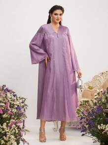 Al Najma 女士优雅水钻装饰传统土耳其和阿拉伯长袍 - 紫色 - 查看 5