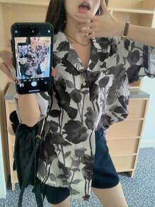 DAZY 女士全花卉印花单排扣宽松短袖衬衫